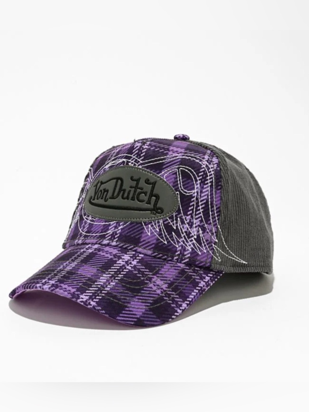 Von Dutch Purple Plaid Trucker Hat with Black Patch